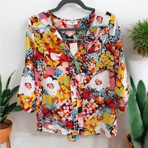 Umgee Multicolor Floral V-Neck Button Blouse